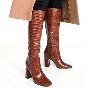 NEW SAM EDELMAN Clarem Leather Croc Embossed High Block Heeled Tall Boots SZ 6.5